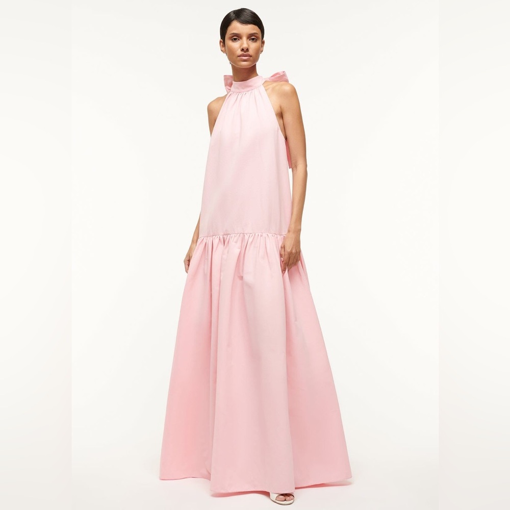 STAUD Marlowe Tiered Poplin Maxi Dress Size S Pearl Pink Bow-Back - Picture 5 of 16
